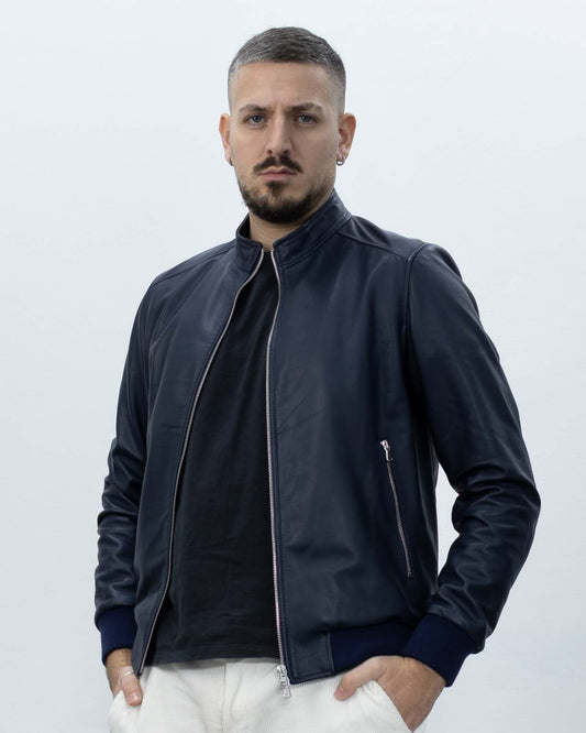 Bomber in pelle blu nappa-B772K