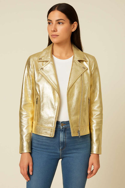 Giacca biker donna oro in vera pelle | Maricle Italia