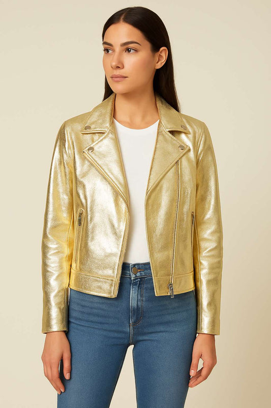 Giacca biker donna oro in vera pelle | Maricle Italia