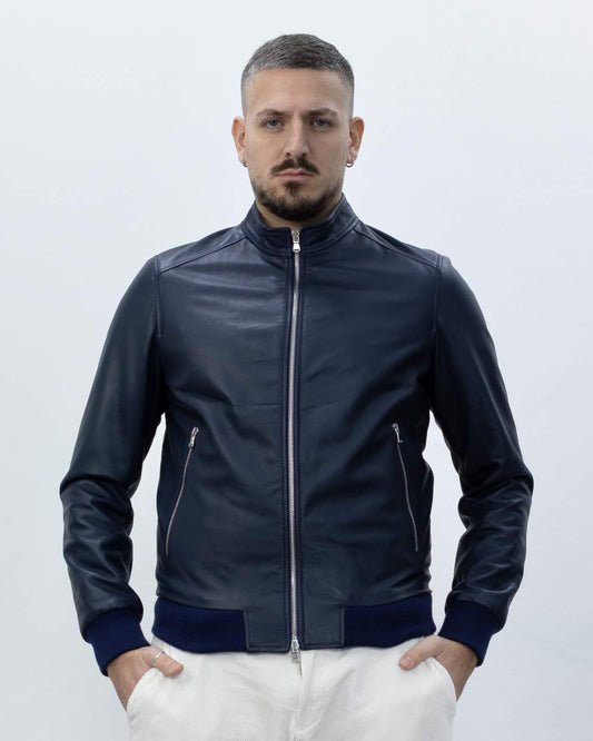Bomber in pelle  blu nappa-B772K
