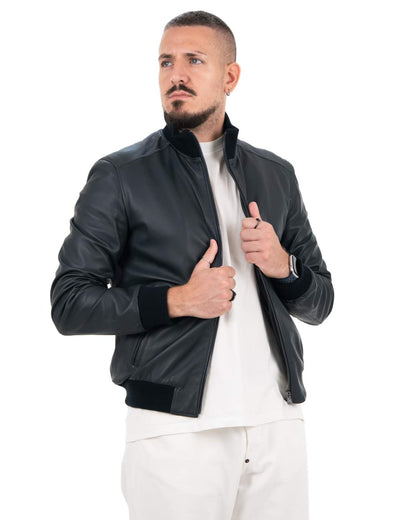 Giacca Bomber Uomo in Vera Pelle Nappa – Blu Scuro KB155