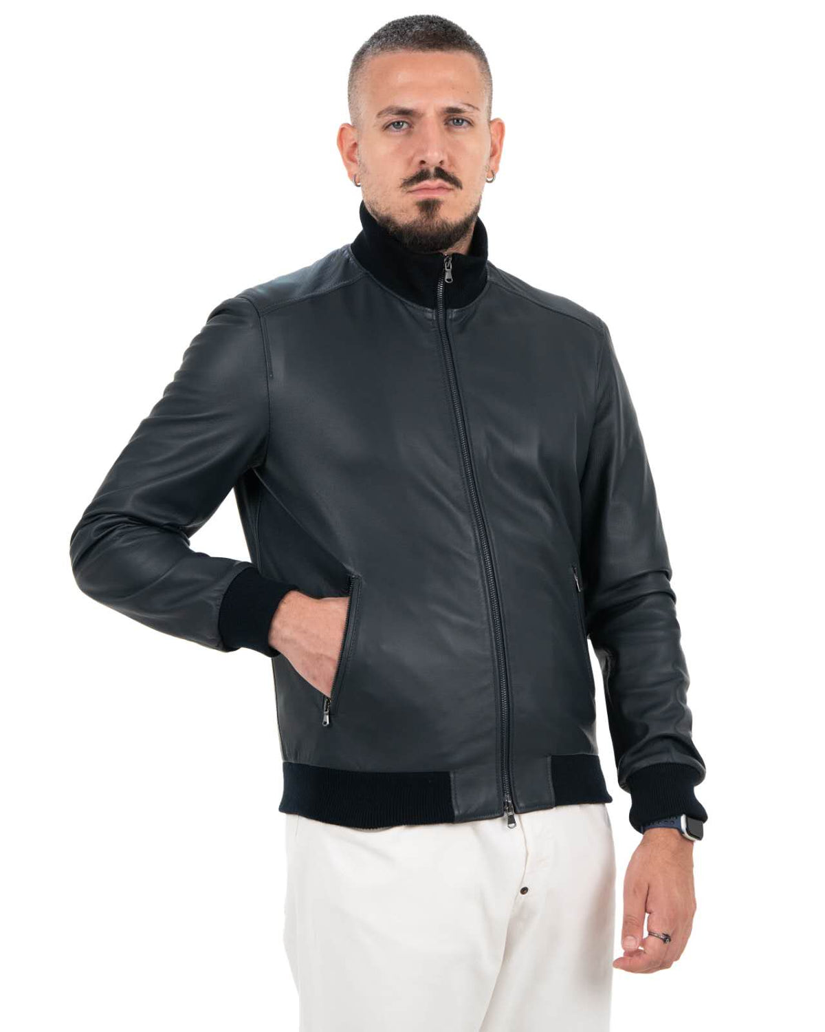 Giacca Bomber Uomo in Vera Pelle Nappa – Blu Scuro KB155