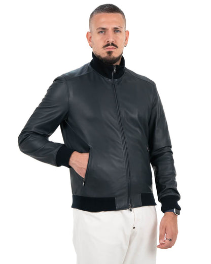 Giacca Bomber Uomo in Vera Pelle Nappa – Blu Scuro KB155