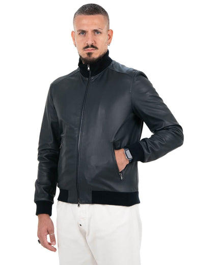 Giacca Bomber Uomo in Vera Pelle Nappa – Blu Scuro KB155