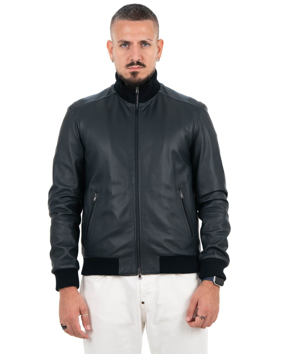 Giacca Bomber Uomo in Vera Pelle Nappa – Blu Scuro KB155